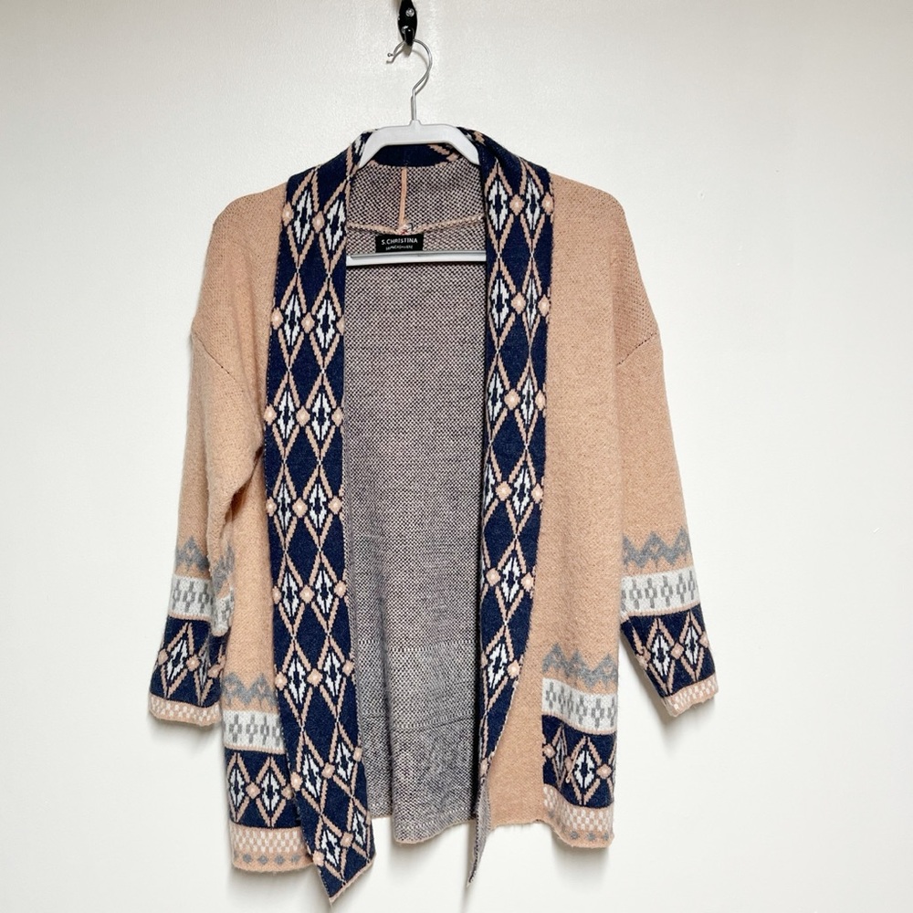 S. Christina 100% Cashmere Aztec Fair Isle Open Front Peach Cardigan Sz S